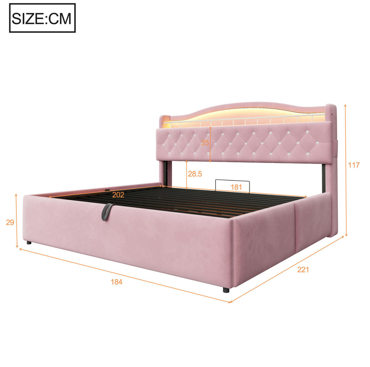 POLSTERBETT 180x200 cm in Rosa mit LED-Kopfteil, USB-/USB-C-Anschlüssen und Bettkasten - Pink, Textil (180/200cm) - IVMEU