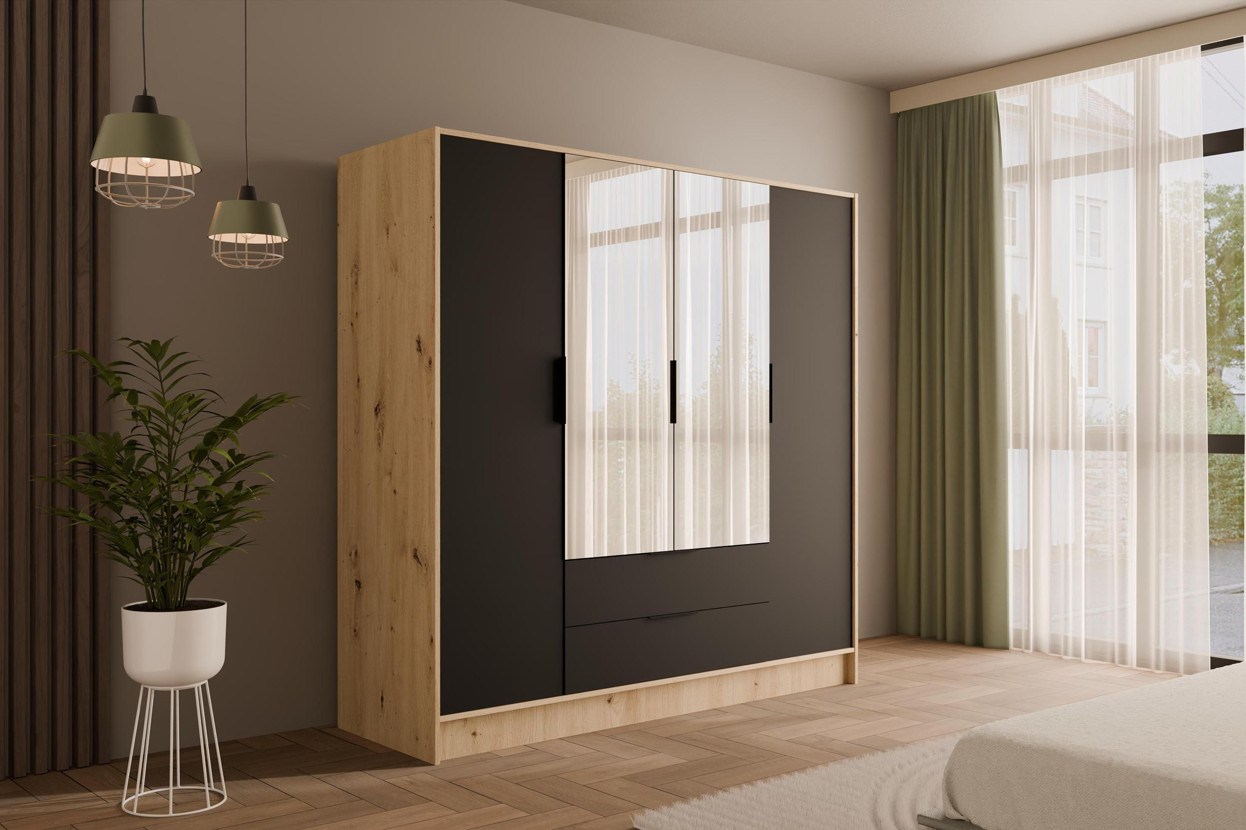 KLEIDERSCHRANK mit Spiegel und Flügeltüren KOLIN 200x200cm Artisan/Schwarz - Schwarz/Eiche Artisan, Holzwerkstoff (200/200/51cm) - ALTDECOR