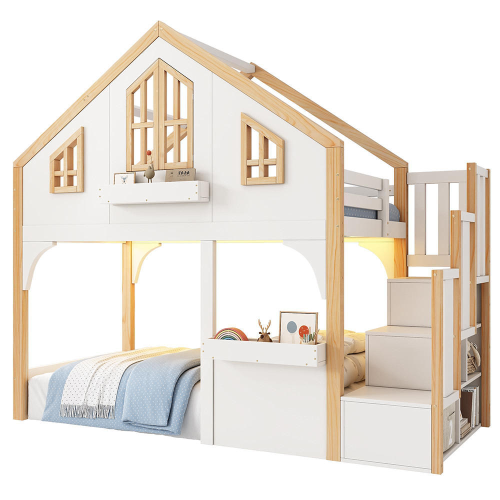 HAUSBETT 90x200cm mit LED und Stauraumtreppe in Weiß+Naturfarbe - Weiß, Holz (90/200cm) - KOMHTOM