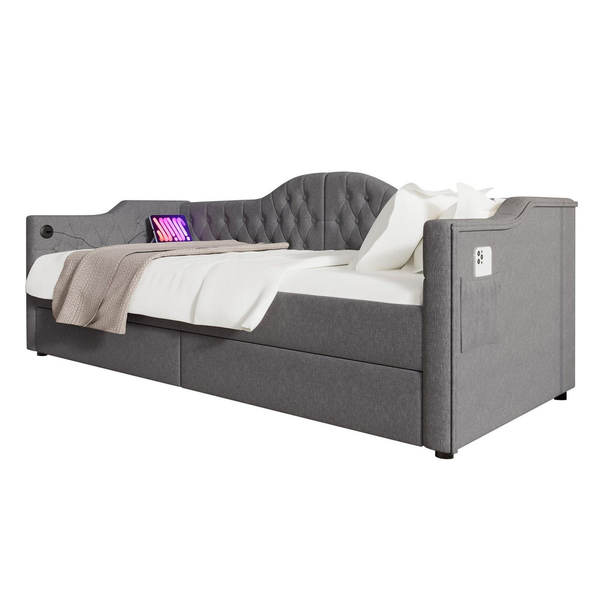 POLSTERBETT 90/200 cm Grau mit Ladefunktion und 2 Schubladen - Grau, Textil (90/200cm) - OKWISH