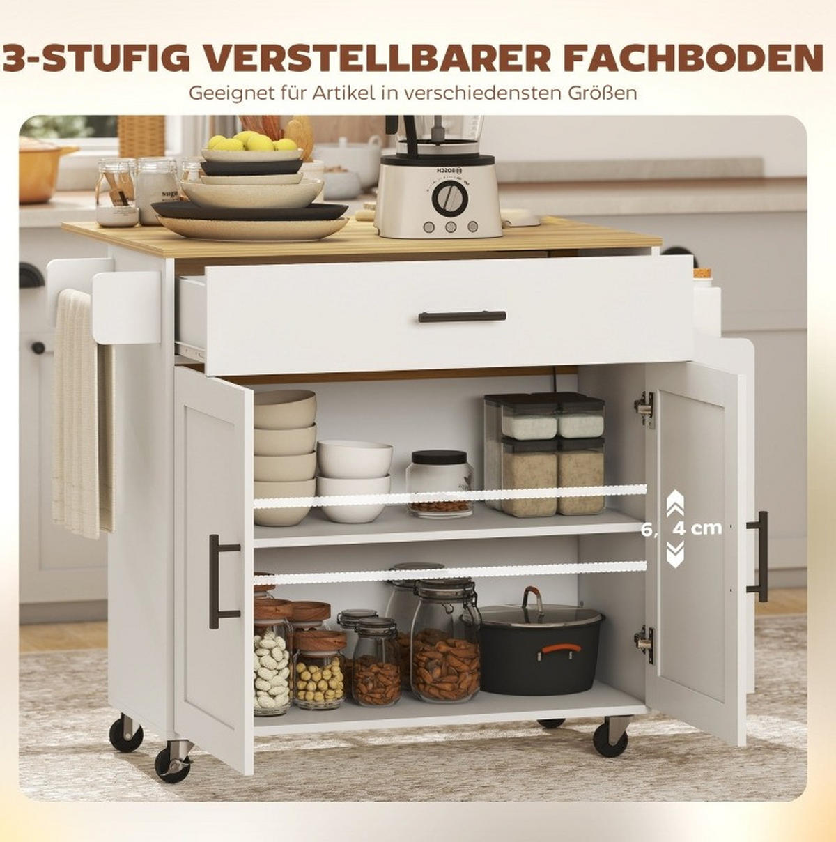 KÜCHENINSEL 120/68/85 cm in Weiß mit Klappplatte und Rollen - Weiß, Holz (120/85/68cm) - Flora Grace