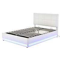 ČALÚNENÁ posteľ z umelej kože 140x200 cm biela s LED osvetlením, hydraulickým úložným priestorom a roštom - biela, textil (140/200cm) - Modfu