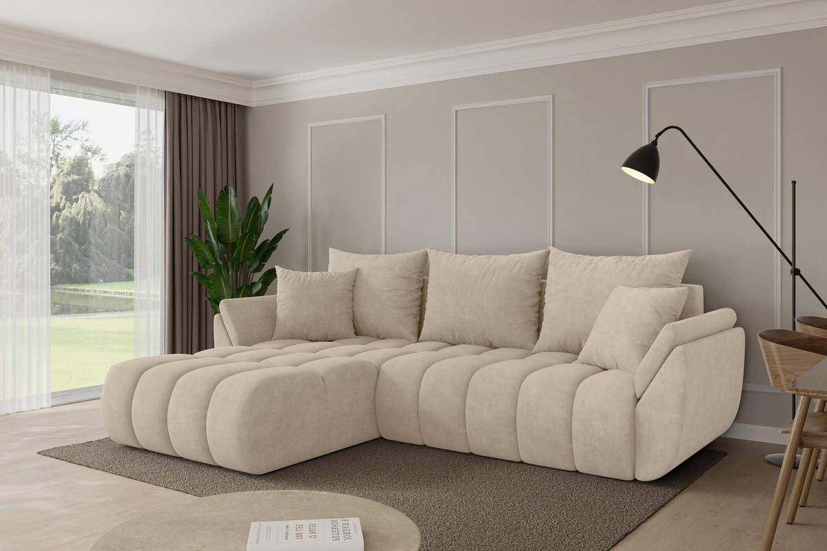 ROHOVÁ SEDAČKA s funkcí spaní, otoman vlevo TOKO-L-v1 277x194x86 béžová velur - černá/Sahara, kompozitní dřevo/textil (277/194cm) - ALTDECOR