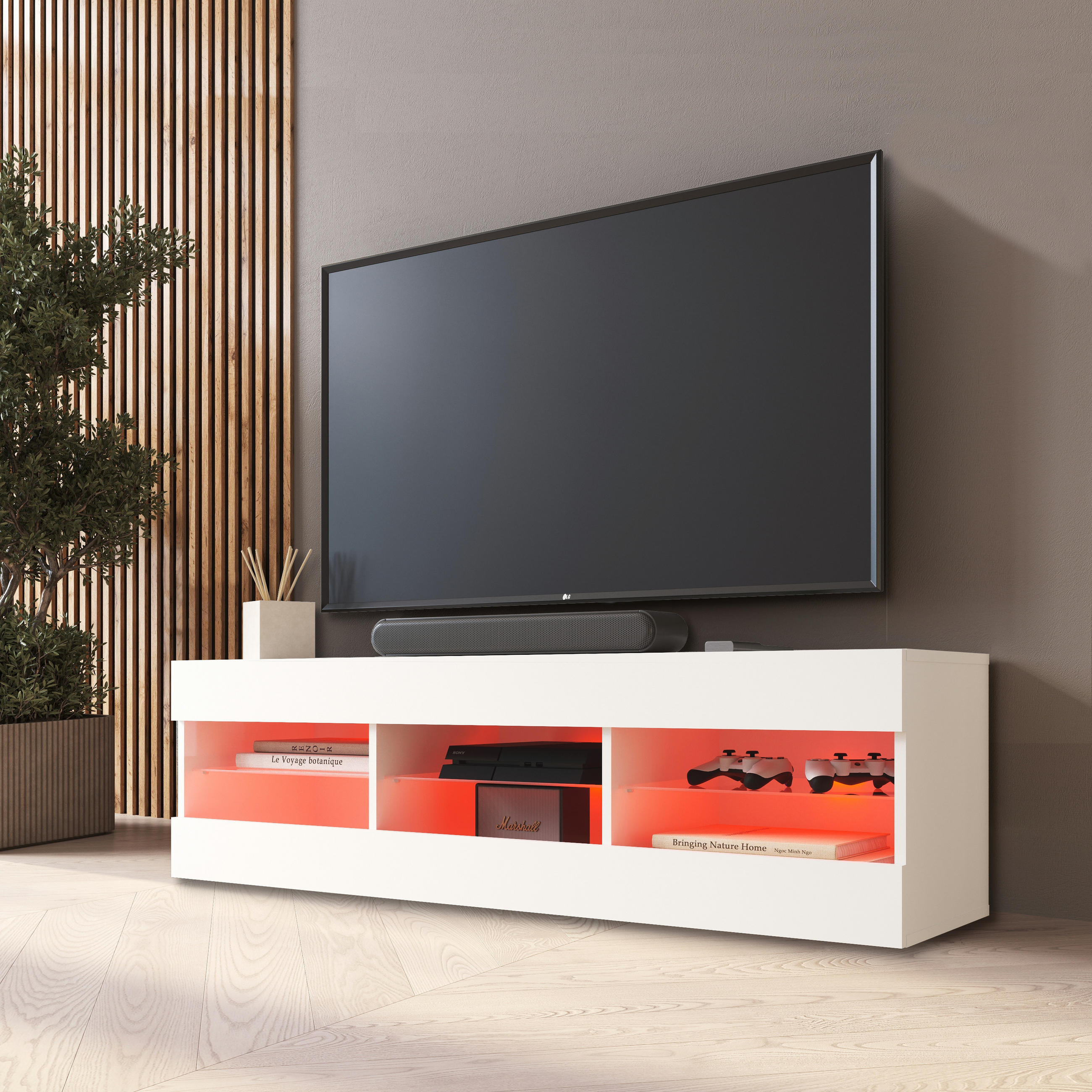 LOWBOARD TIVOLI RTV 140, Weiss, LED Mehrfarbige - Weiß, Glas/Holzwerkstoff (140/40.5/35.5cm) - Komodee