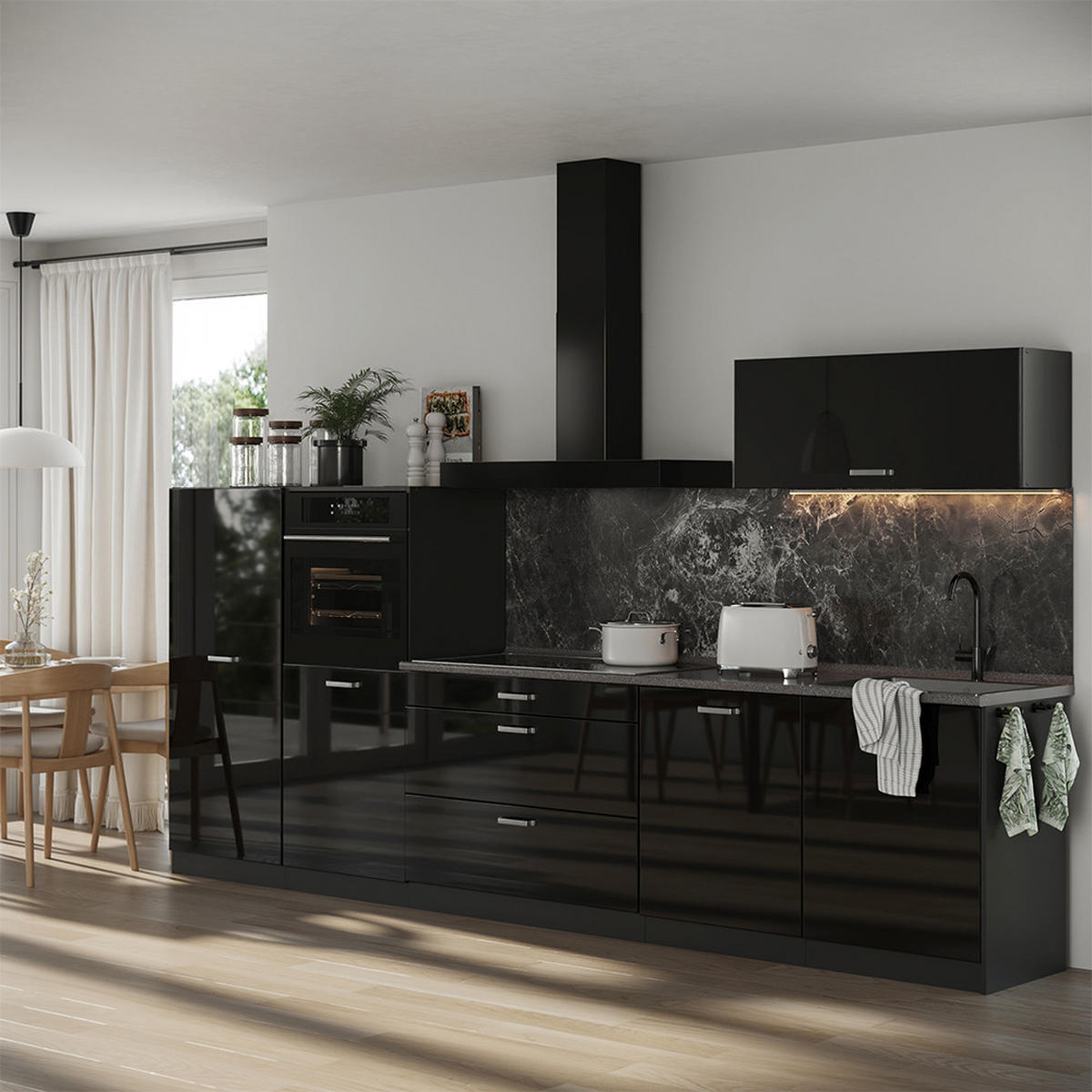 KUCHYŇSKÝ KOUT R-Line, Černý vysoký lesk/Antracit, 340 cm pracovná doska Dub Goldkraft - antracitová/vysoce lesklá černá, kompozitní dřevo (340/143/60cm) - Vicco