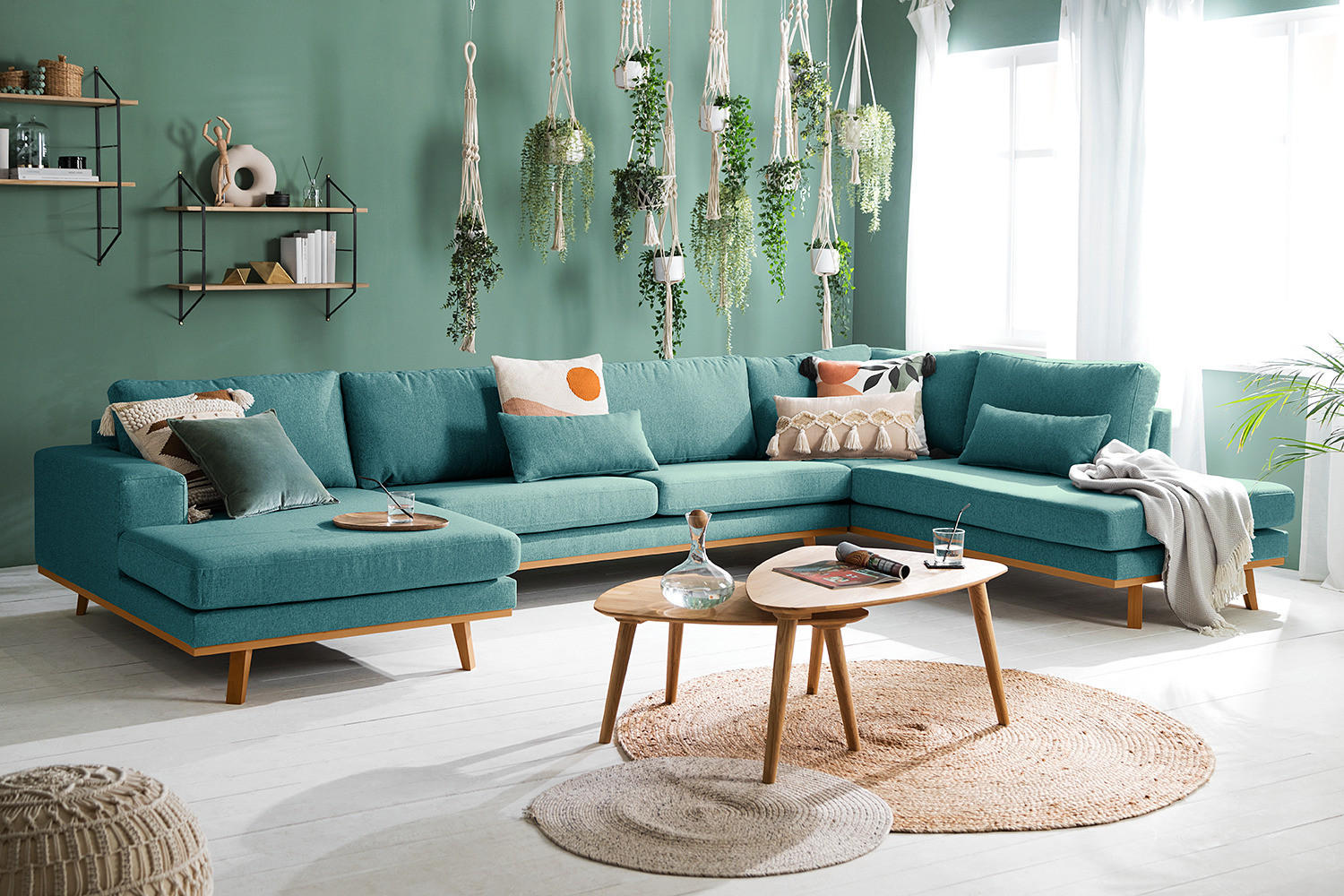 WOHNLANDSCHAFT mit Longchair - Buchefarben/Petrol, Textil (371/81/219cm) - home24