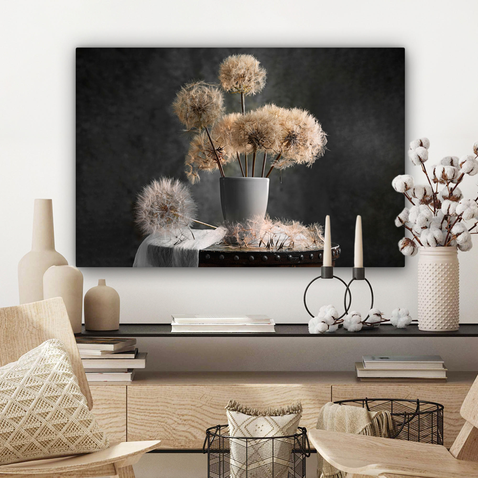 LEINWANDBILD Blumensamen - Löwenzahn - Vase - Stilleben - Blumenstrauß Gemälde 60x40 cm - Dunkelgrau, Textil (60/40cm) - MuchoWow