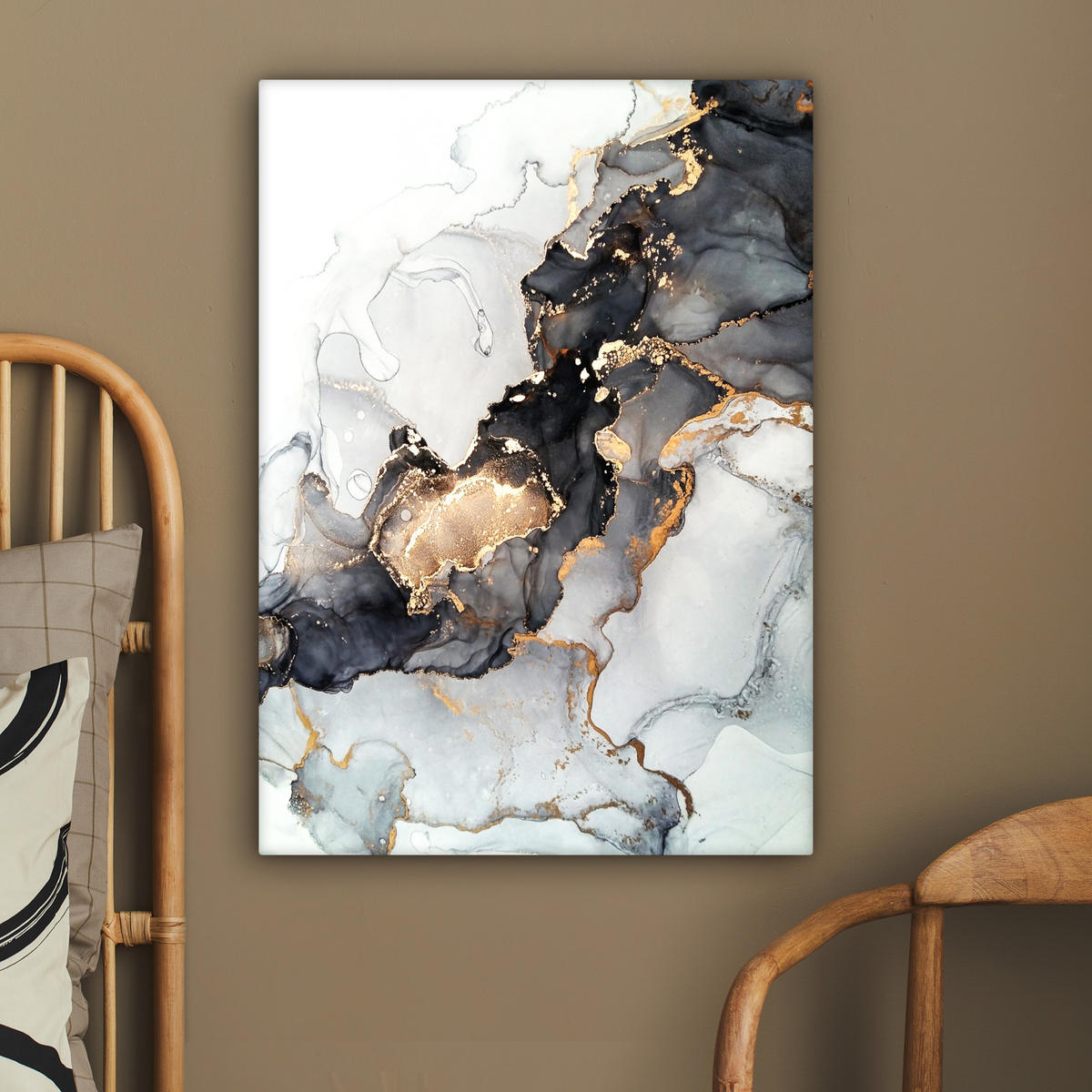 LEINWANDBILD Marmor - Schwarz - Weiß - Gold - Luxus - Abstrakt 60x80 cm - Goldfarben, Textil (60/80cm) - MuchoWow