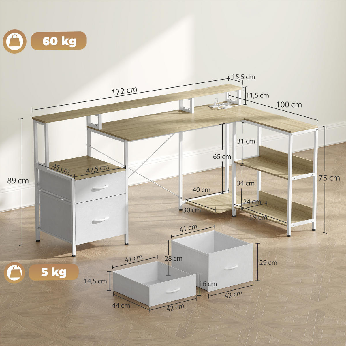 ECKSCHREIBTISCH Weiß mit LED-Beleuchtung Steckdosen und Schubladen 172/100/89 cm - Weiß, Metall (100/172/89cm) - PANGIVO