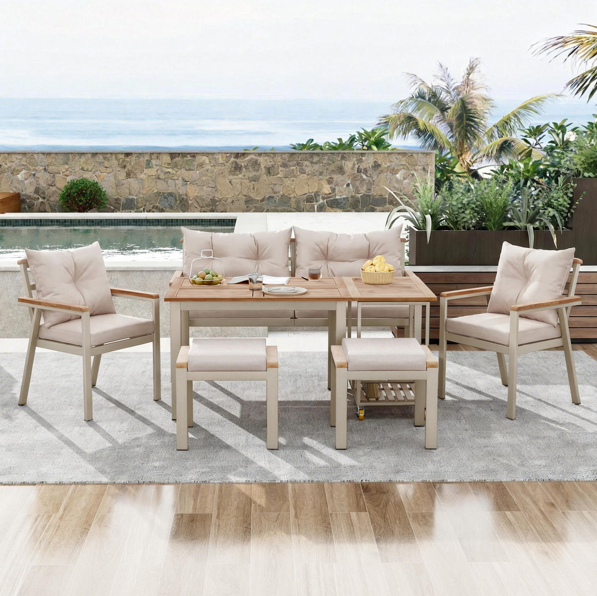 GARTEN-ESSGRUPPE 7-tlg. 6-7-Sitzer mit Servierwagen Akazienholz Beige - Beige, Holz - Beauniv