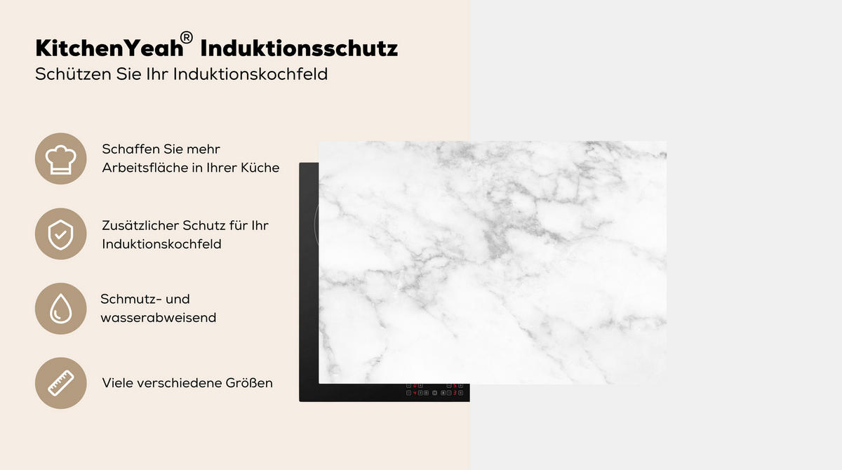 HERDABDECKPLATTE Marmor - Grau - Weiß - Strukturierter Marmor 75x52 cm - Weiß, Kunststoff (75/0.2/52cm) - MuchoWow