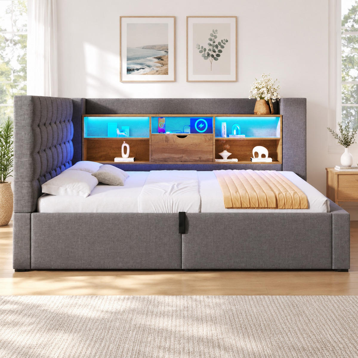 POLSTERBETT 90/190 mit Bettkasten, LED und USB-C in Grau - Grau, Holzwerkstoff/Textil (90/190cm) - EVRYAE