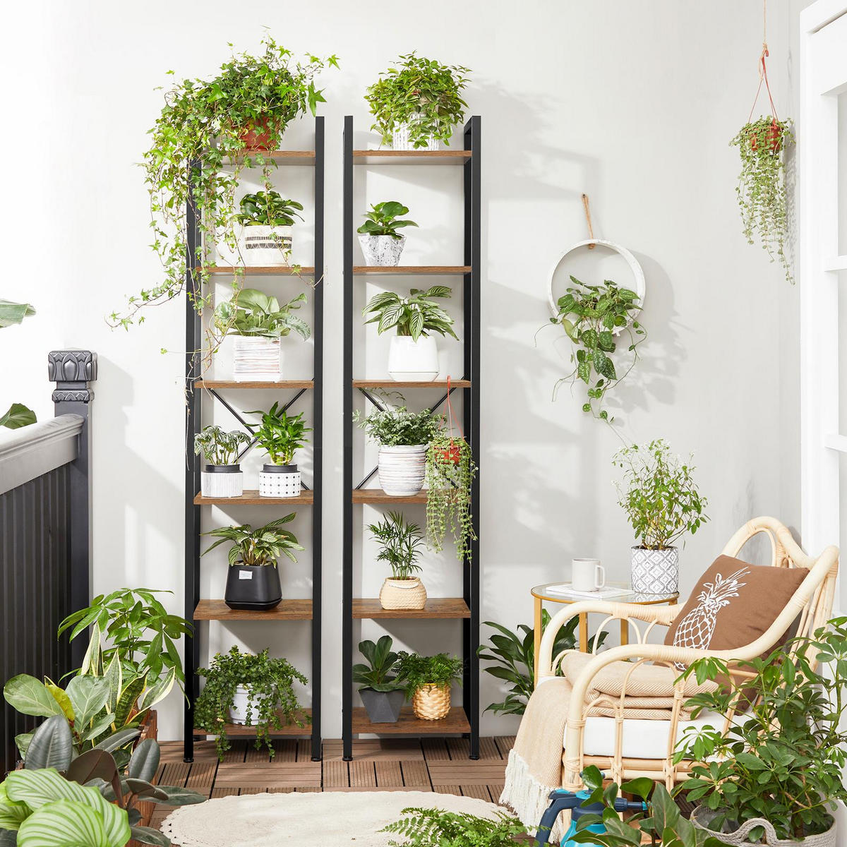 STANDREGAL Holzoptik Metall Dunkelbraun Schwarz mit 6 Böden 187,5 x 39,5 x 30 cm - Dunkelbraun/Schwarz, Holzwerkstoff/Metall (40/187.5/30cm) - Begryf