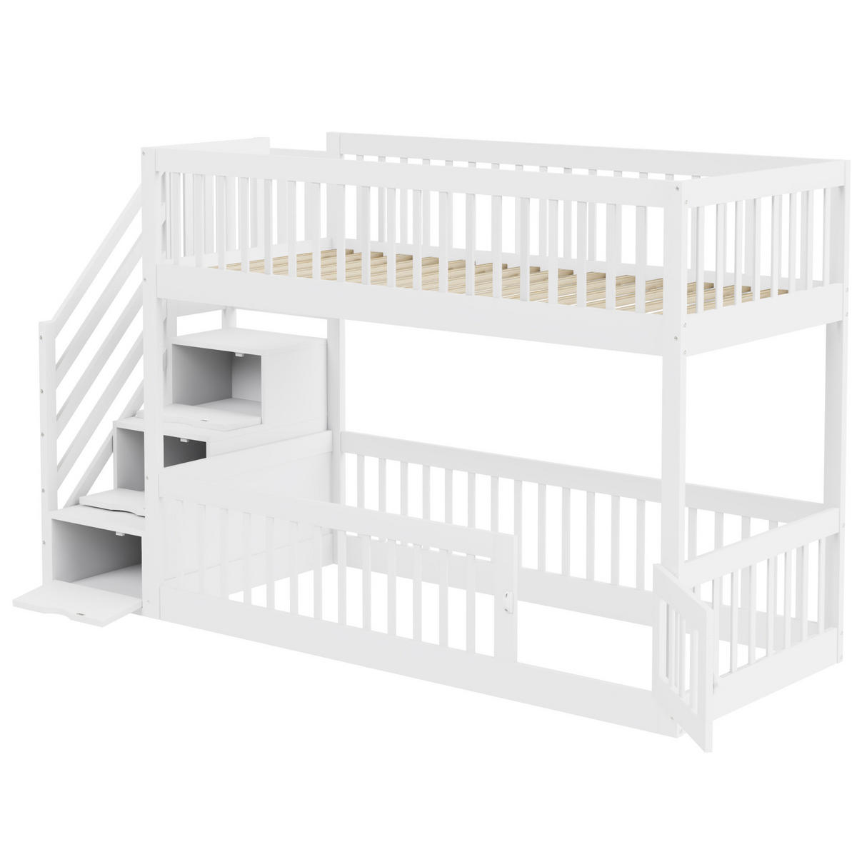 ETAGENBETT mit Stauraumtreppe 90x200 cm Massivholz Weiß - Weiß, Holzwerkstoff (90/200cm) - Beauniv