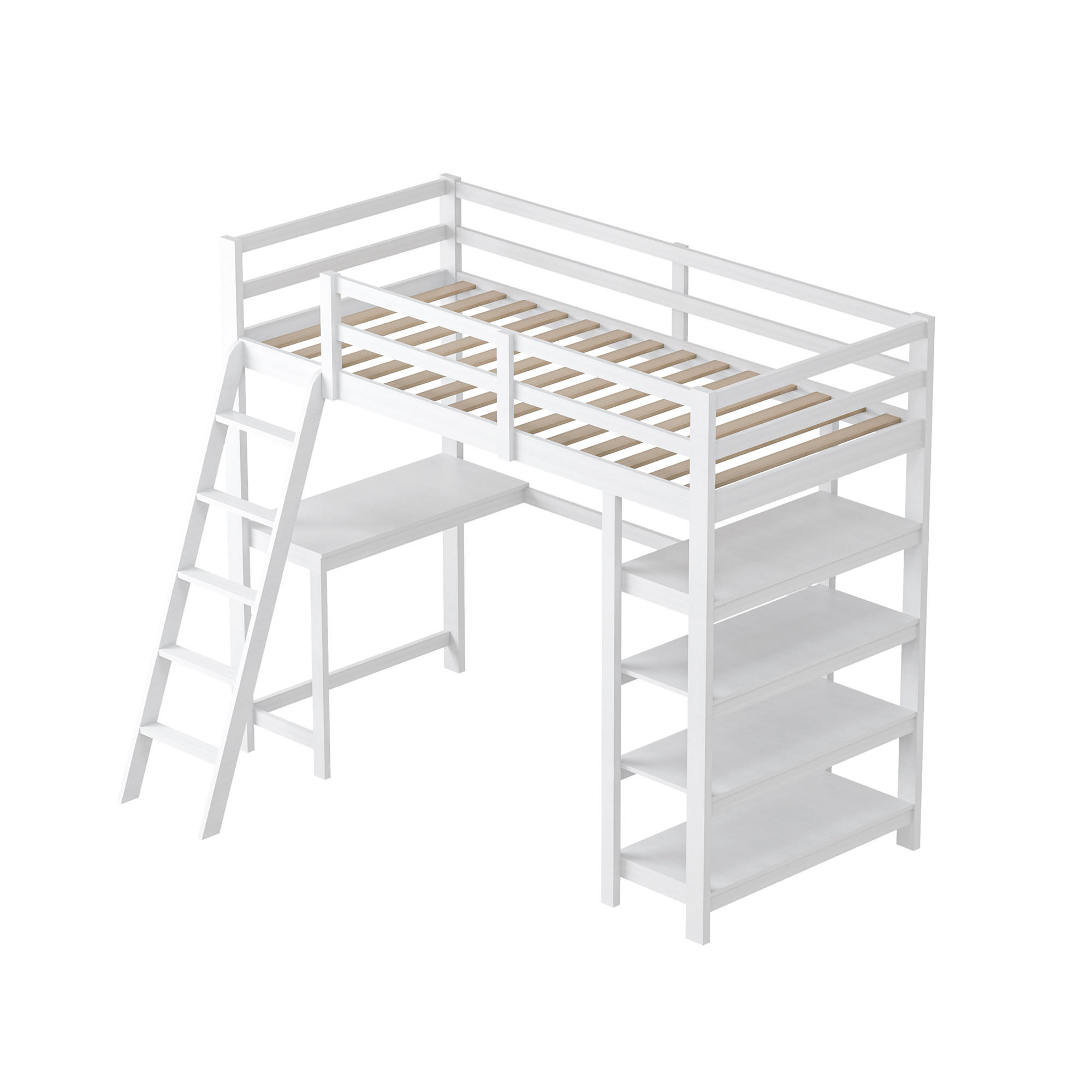 HOCHBETT 90x200cm mit Schreibtisch und Regalen, Weiß - Weiß, Holz (90/200cm)