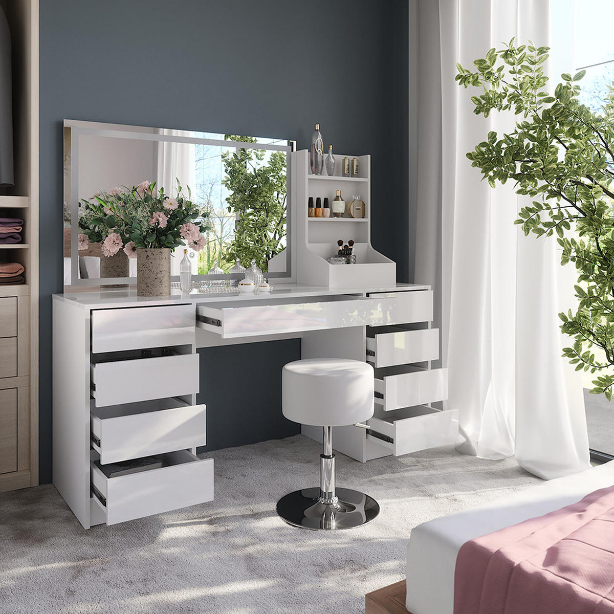 SCHMINKTISCH Sherry Weiß/Weiß Hochglanz 158.2 cm 4 Teile - Weiß Hochglanz, Holzwerkstoff (158.2/76/50.1cm) - Vicco