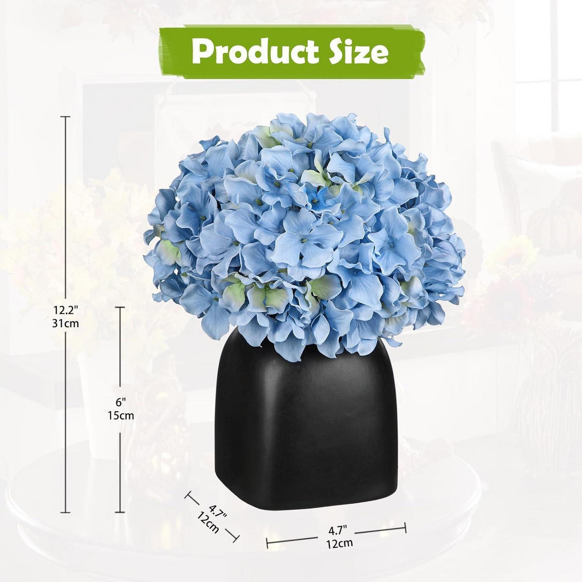 KUNSTBLUMEN Hortensien mit Beeren in schwarzer Keramikvase 31 cm - Blau, Keramik (33cm)