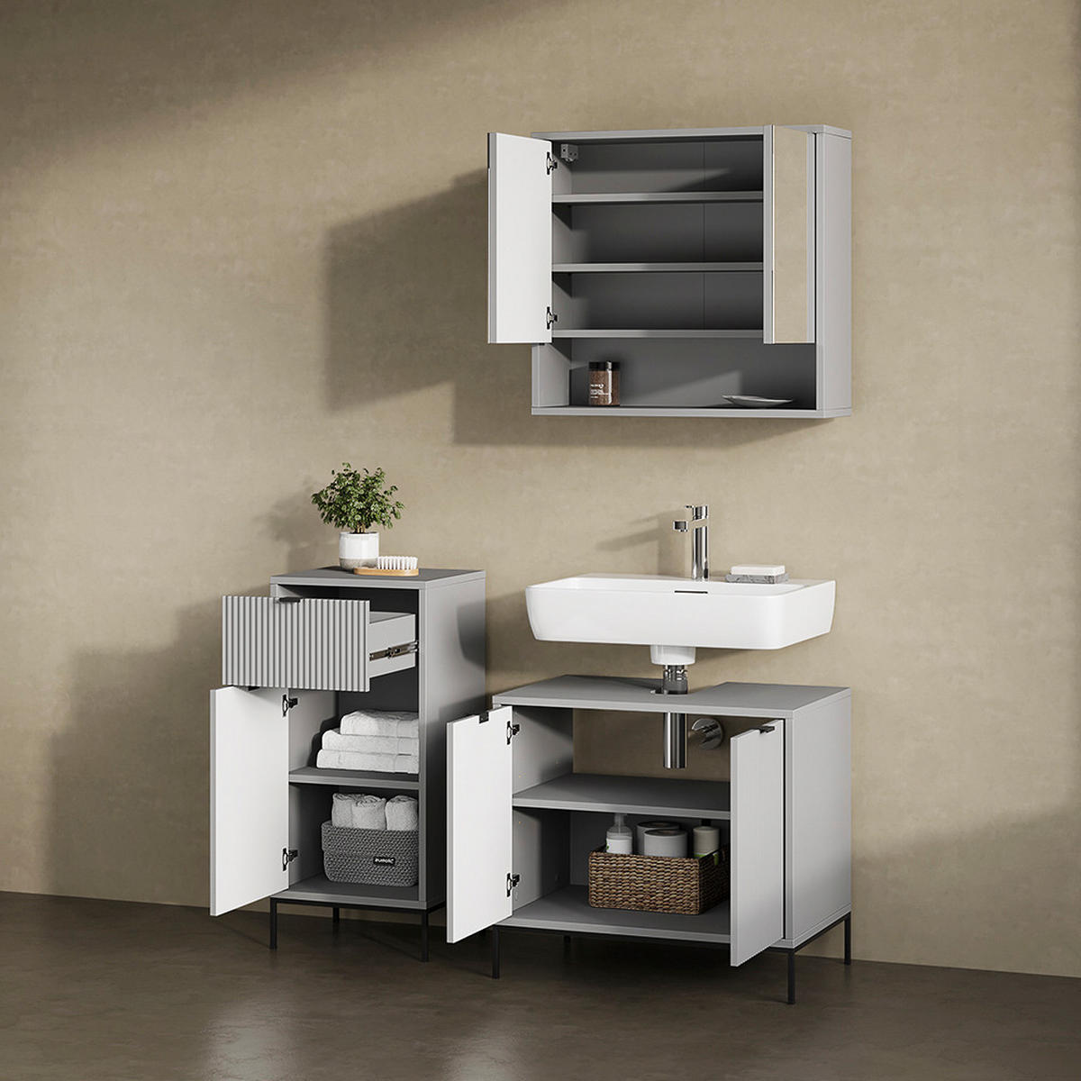 BADMÖBEL-SET ATERNO Grau 3 Teile - Grau, Holzwerkstoff (70/63/45cm) - Livinity®