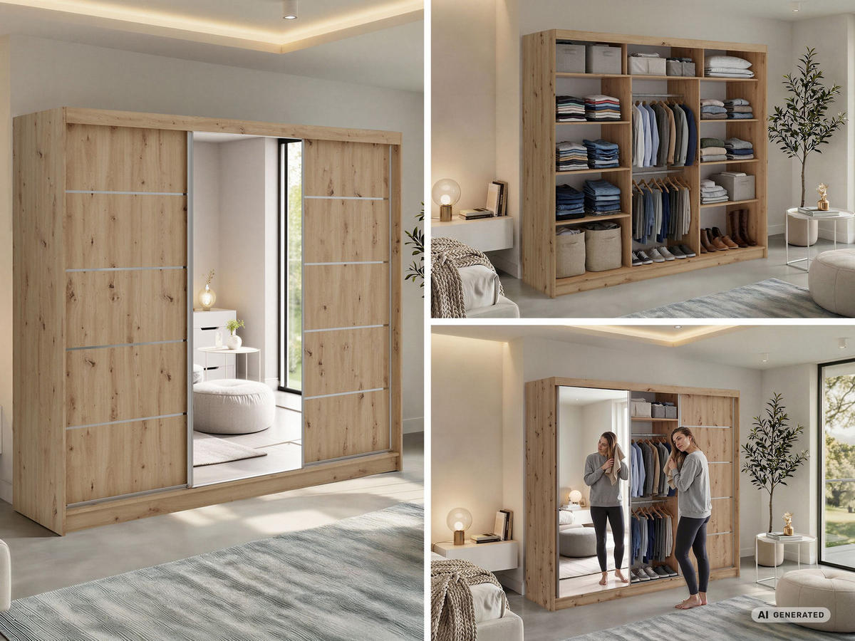 SCHWEBETÜRENSCHRANK 240 - SKORIA - Eiche Artisan mit Spiegel - Alufarben/Eiche Artisan, Holzwerkstoff/Metall (240/216/61cm) - MKS