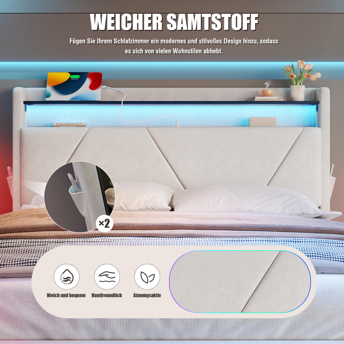 POLSTERBETT 160/200 cm aus Samt mit LED und Stauraum Beige - Beige, Textil (160/200cm) - Modenvie