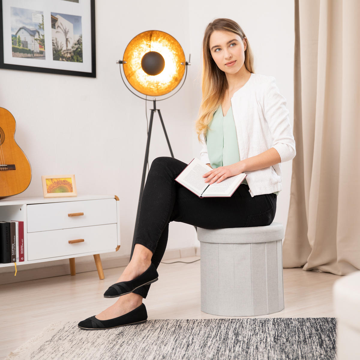 SITZHOCKER - Creme, Holzwerkstoff/Textil (38/38/38cm) - Relaxdays