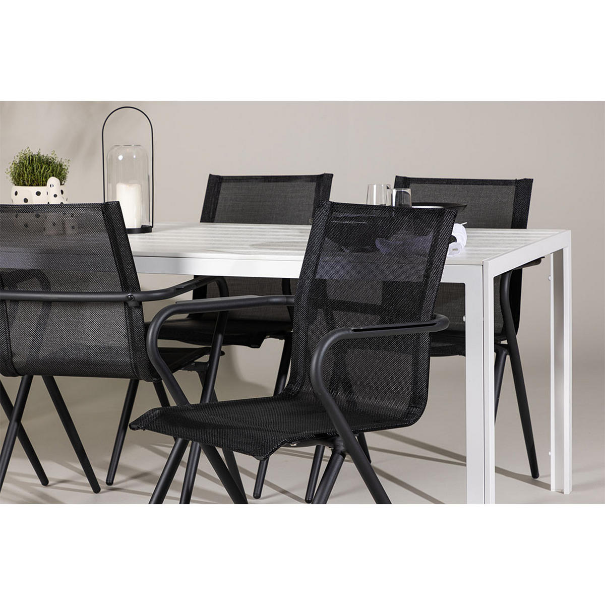 GARTENSET, Break, Tisch Weiß, Stühle Schwarz, Metall / Stoff, 90 x 205 x 75 cm, 7-teilig - Weiß, Metall - ebuy24