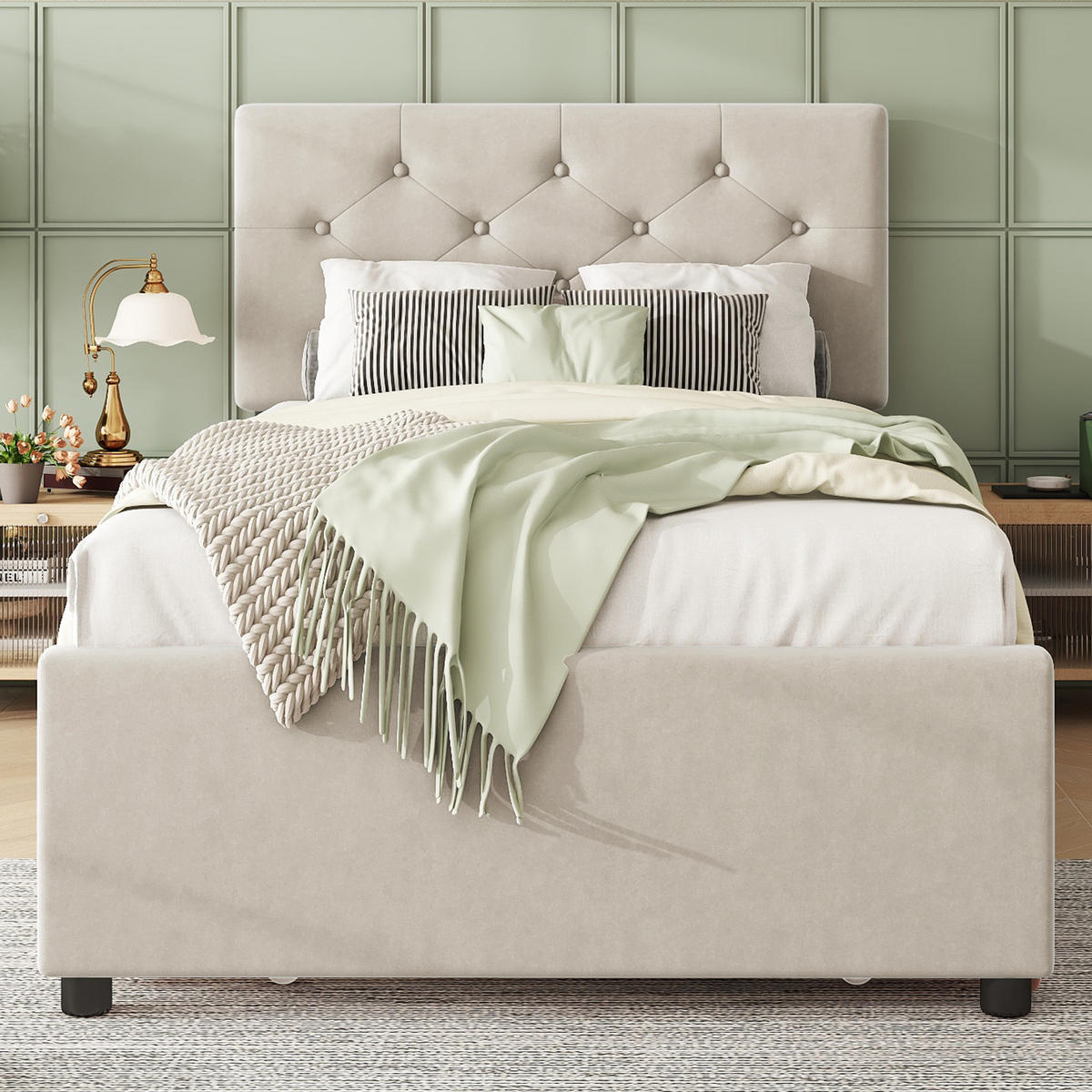 POLSTERBETT 90x200cm Beige Samt Rollcontainer Minimalistisch - Beige, Holz (90/200cm) - FLIEKS