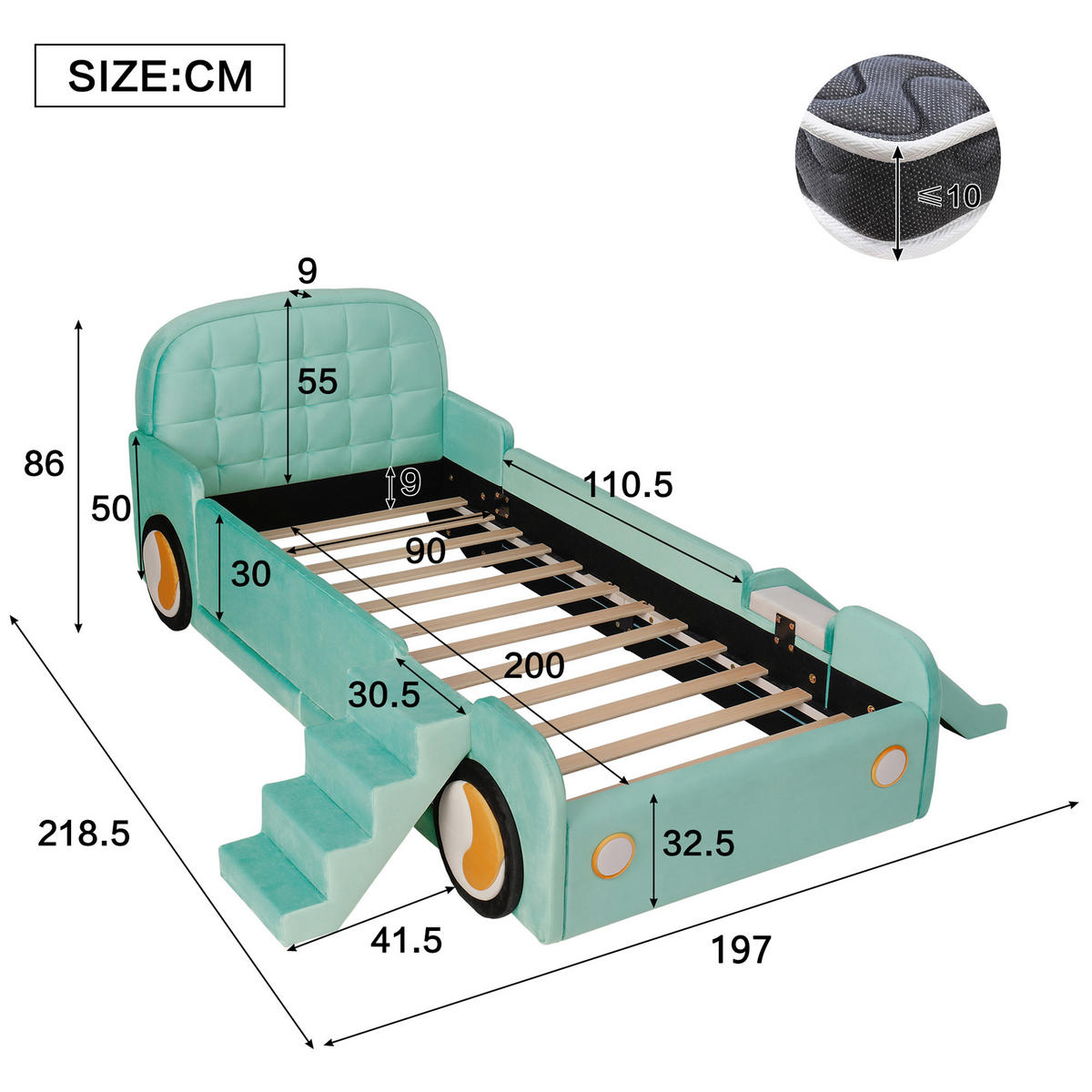 AUTOBETT 90/200 cm DE-32720 mit Rutsche und Treppe Blaugrün - Grün, Holzwerkstoff (90/200cm) - ComfortXL