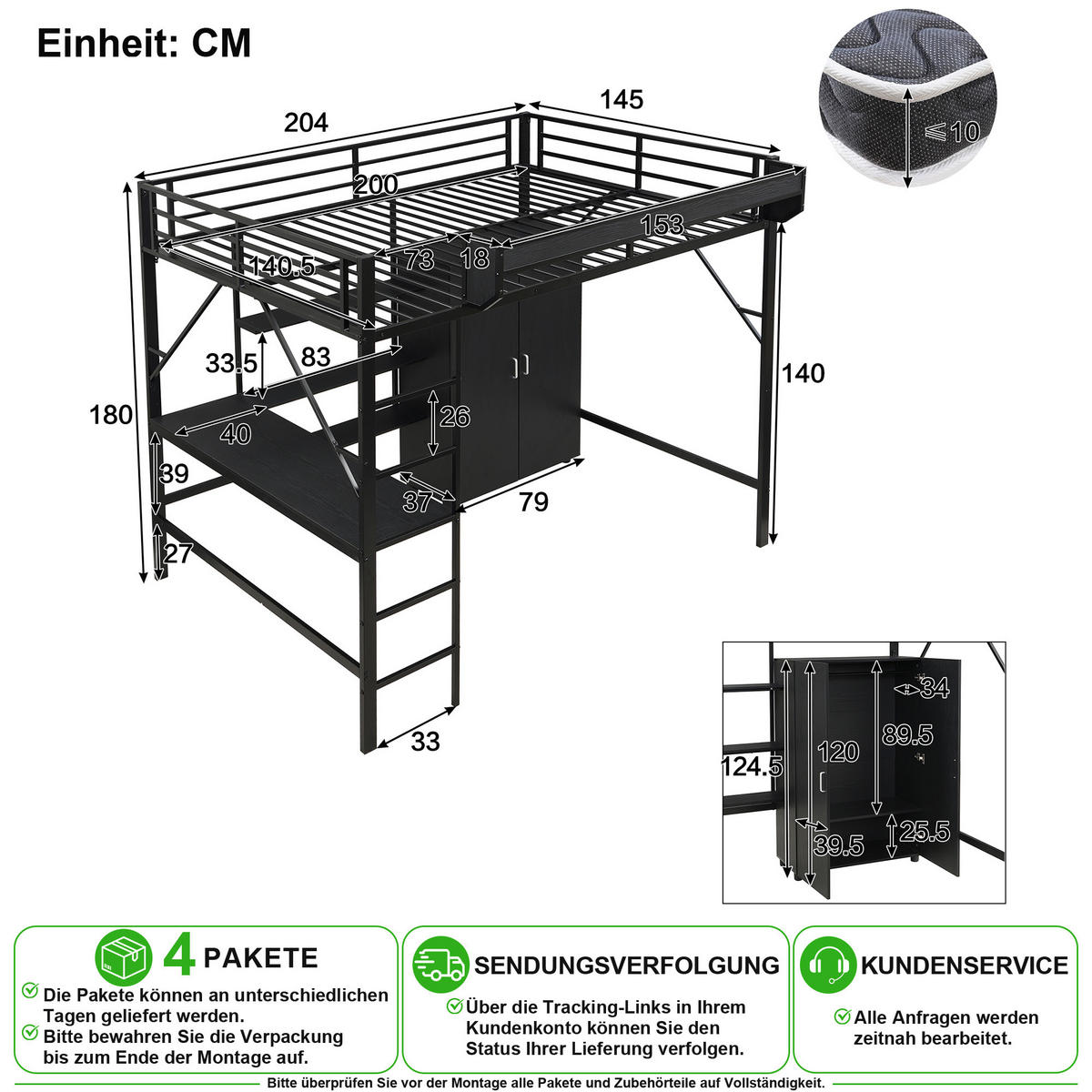 VYVÝŠENÁ POSTEL 140/200 cm v černé barvě s psacím stolem, skříní a úložným prostorem - černá, kov/kompozitní dřevo (140/200cm) - CHICFURN