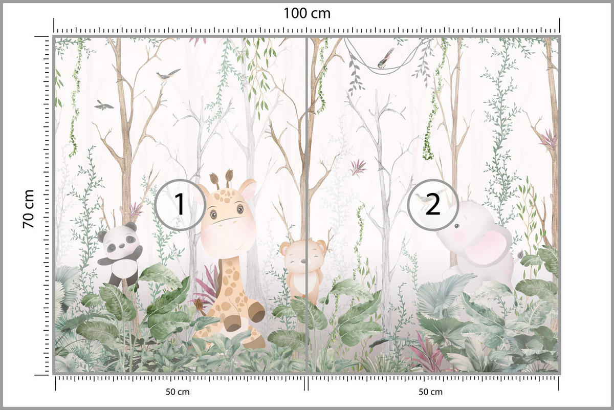 FOTOTAPETE für Kinderzimmer Märchenhafte Tiere Wald Bäume Pflanzen 100x70 - Beige/Rosa, Papier (100/70cm) - Muralo