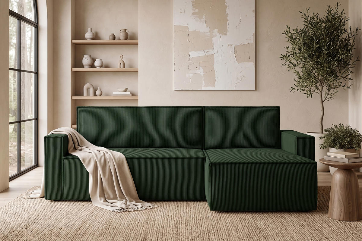 ECKSOFA-LINKS/RECHTS NAPI Schlaffunktion mit Cordbezug, dunkelgrün - Dunkelgrün/Schwarz, Textil (246/148cm) - KONSIMO®
