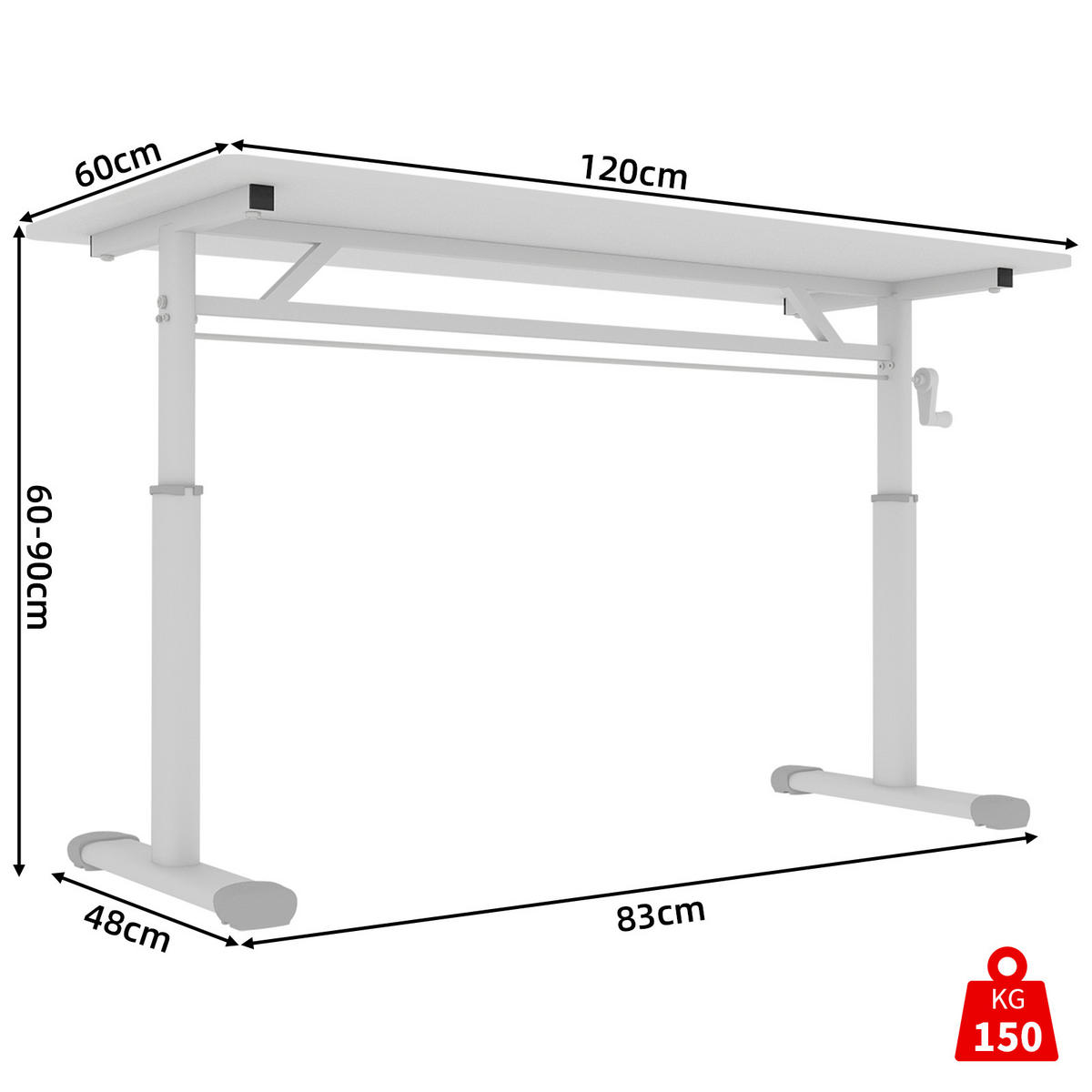 SCHREIBTISCH Weiß 120/60/90 cm höhenverstellbar mit Kurbel Metallrahmen manuell - Weiß, Metall (60/120/90cm) - PANGIVO