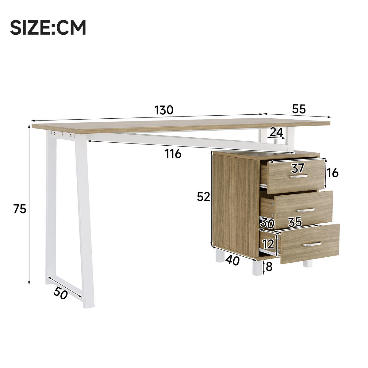 SCHREIBTISCH in Naturfarbe Bürotisch mit Schubladenschienen, 130/55/75cm - Weiß/Naturfarben, Holzwerkstoff/Metall (55/130/75cm) - STILVORA