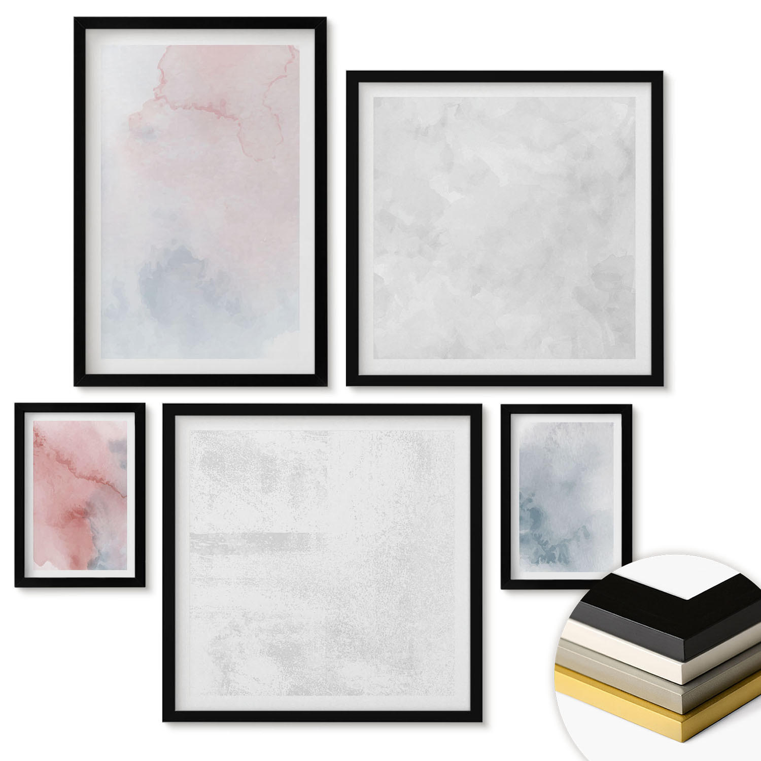 WANDBILDER 5er-Set - 50x50 cm & 20x30 cm & 40x60 cm Schwarzer Rahmen - Pastellfarbene Aquarelltexturen - Schwarz, Kunststoff (40/60cm) - ArtPrintCave