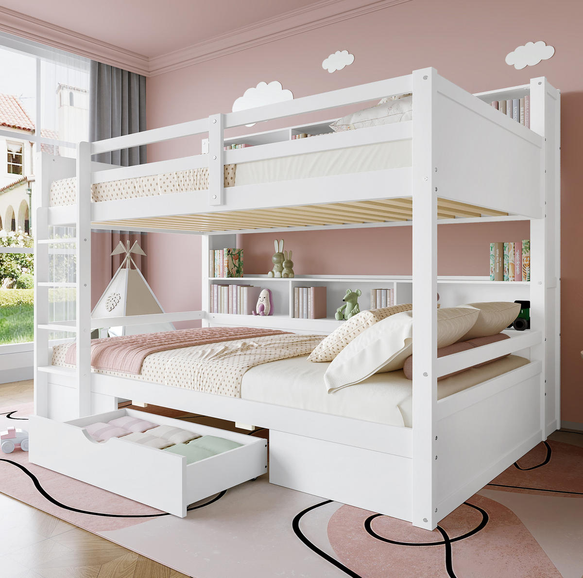ETAGENBETT 90/200 cm mit Schublade und Ablagefächern, Weiß - Weiß, Holzwerkstoff (90/200cm) - Redom