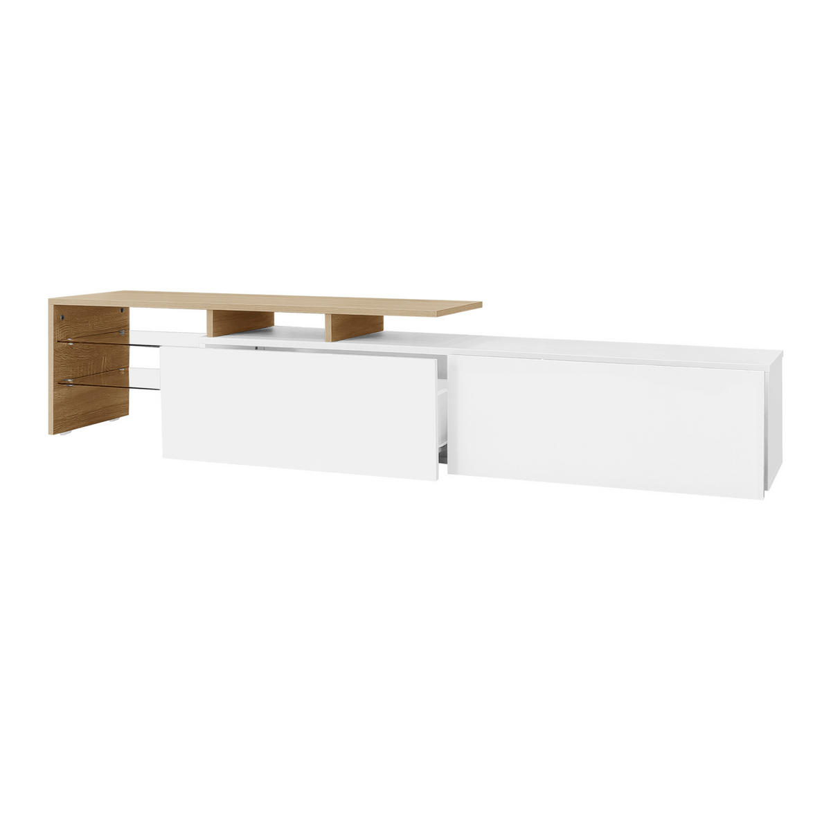 TV-SCHRANK aus Spanplatte 170x33x33,5 cm Weiß/Natur mit LED-Beleuchtung, Glasböden und Stauraum - Weiß, Holzwerkstoff (170/33.5/33cm) - Modfu