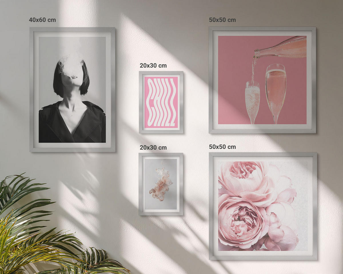 BILDER SET 5er Set - 50x50 cm & 20x30 cm & 40x60 cm Silberner Rahmen - Stilvolles Porträt mit Champagner - Silberfarben, Kunststoff (40/60cm) - TULUP