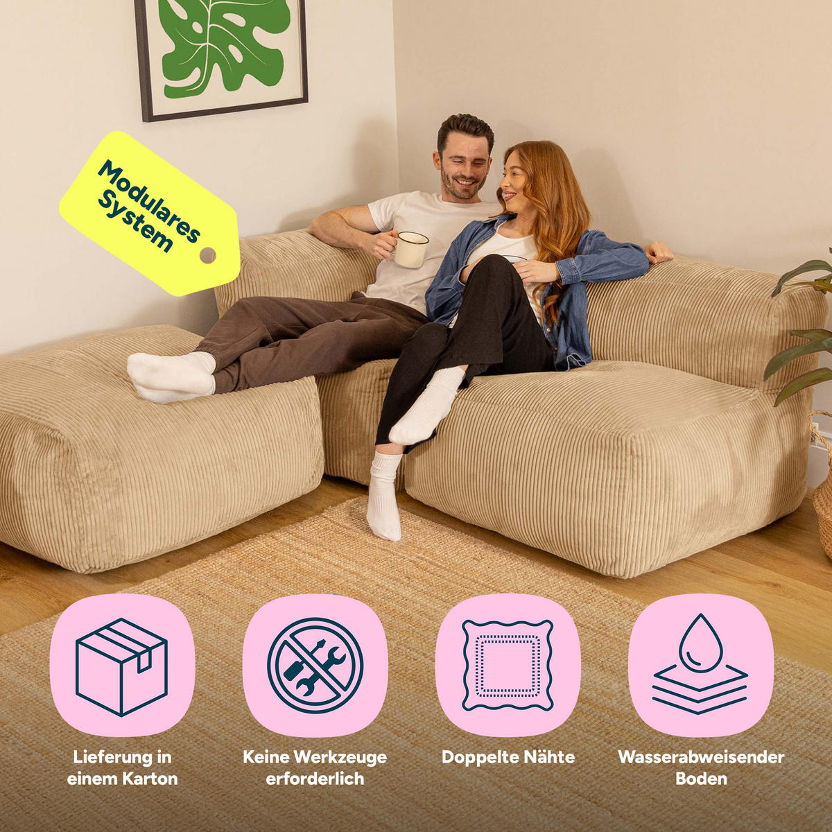 SITZSACK-SOFA 3-tlg. ZEN: Ecksessel, Sessel, Fußstütze - Beige, Textil (290/68/100cm) - icon