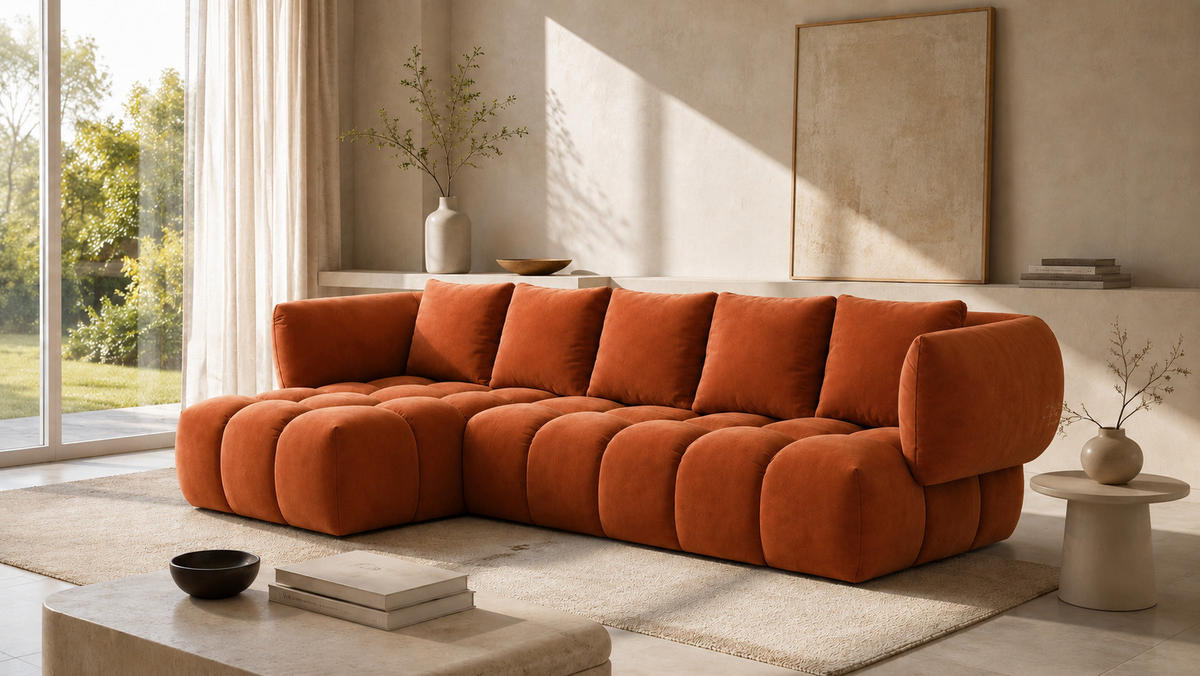 ECKSOFA L-Form, Veloursstoff Bluvel, Zimtfarbe, Links, SEVIO L - Orange, Holz (242/175cm) - Kaiser Möbel