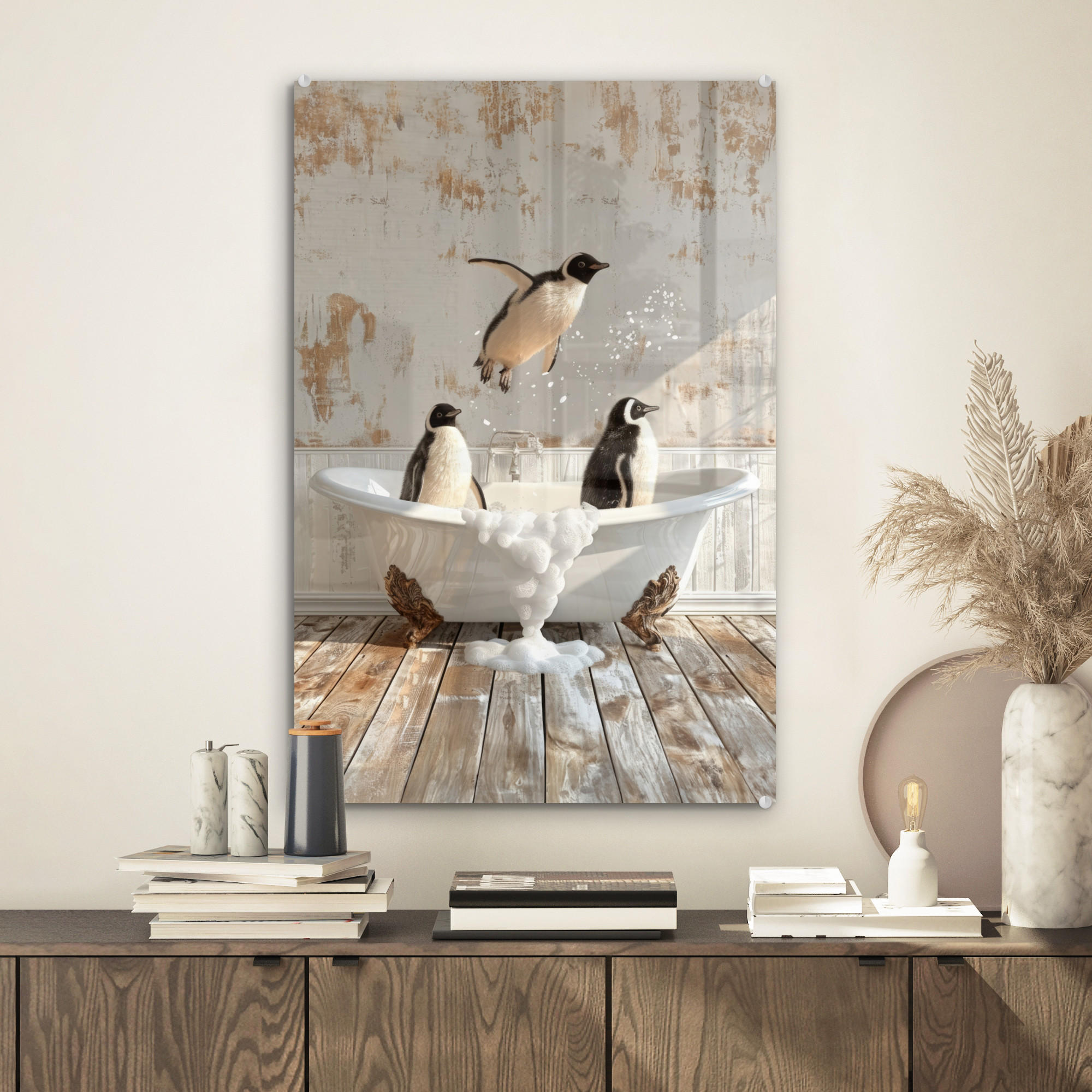 ACRYLGLASBILD Vintage - Pinguin - Badewanne - Schaumstoff 40x60 cm - Schwarz, Glas (40/60cm) - MuchoWow