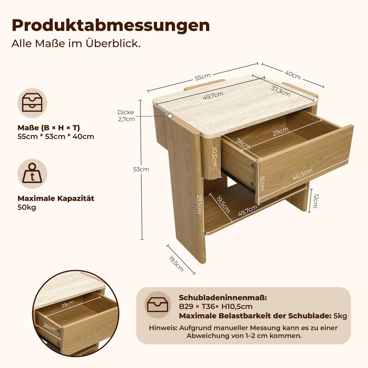 NACHTTISCH Modern mit Marmoroptik, Eiche, MDF | B55 x T40 x H53 cm - Eichefarben, Holz (55/53/40cm) - Hometopia
