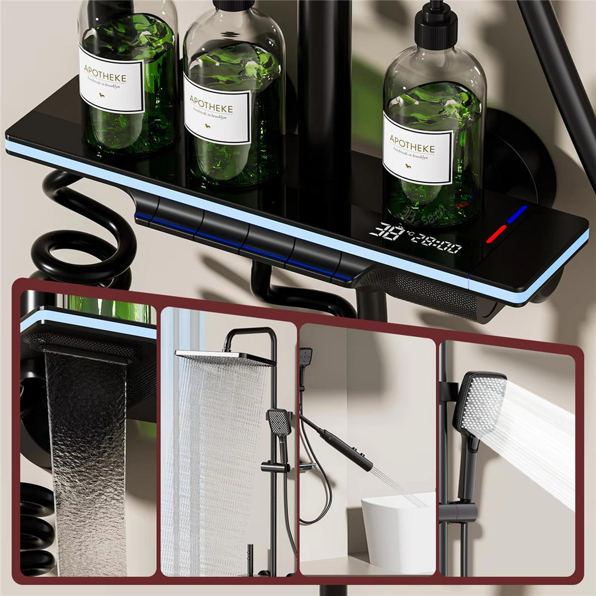 ÜBERKOPFBRAUSESET Digitalanzeige LED Kupfer Glas Regendusche, schwarz - Schwarz, Metall (20/135/31cm) - Bextcok