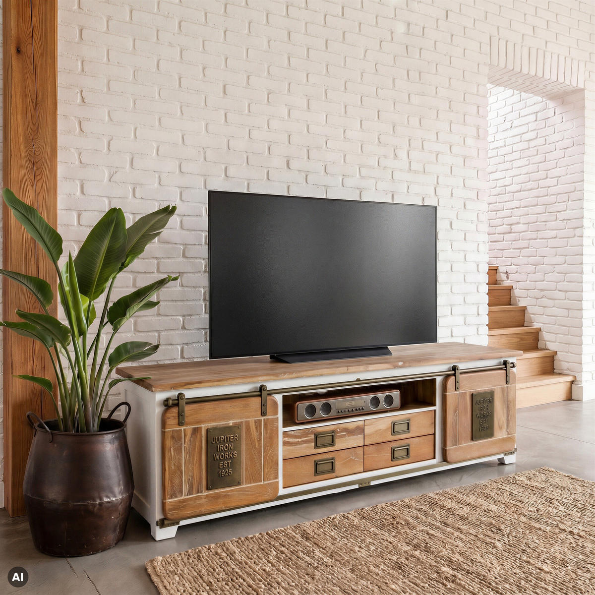 TV-BOARD Mango 200x55x55 weiß lackiert RAILWAY #314 - Weiß, Holz (200/55/55cm) - Massivmoebel24