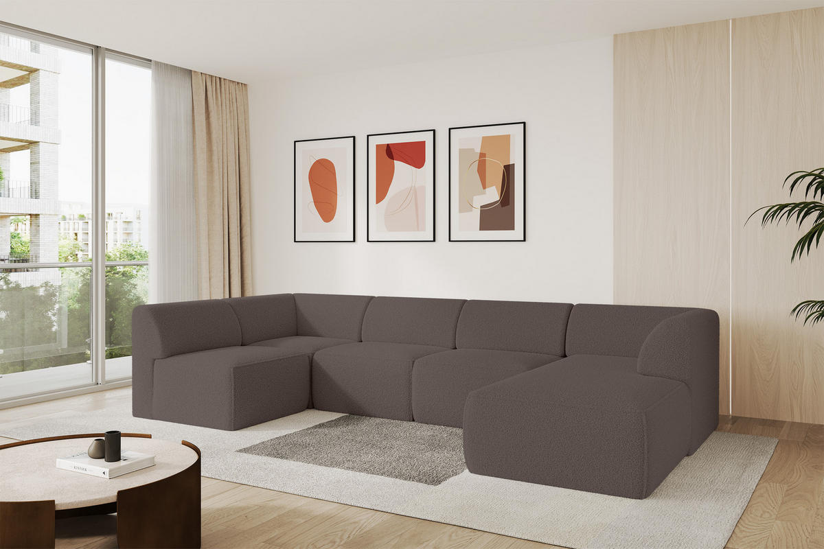 WOHNLANDSCHAFT Ottomane Rechts MOVO-L 345x180x78 cm Braun Bouclé - Braun, Holzwerkstoff/Kunststoff (180/78/345cm) - ALTDECOR