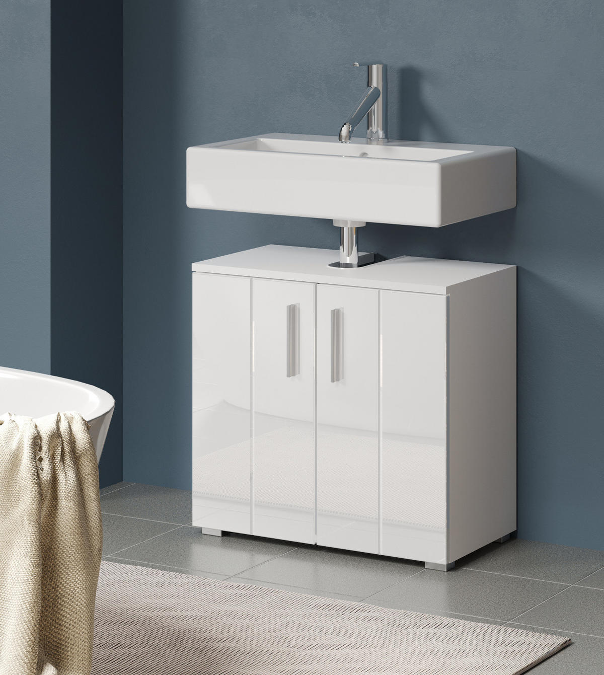 WASCHBECKENUNTERSCHRANK weiß Hochglanz, Badschrank 60 x 58 cm - Weiß Hochglanz/Silberfarben, Holzwerkstoff/Kunststoff (60/58/34cm) - Top.Furn