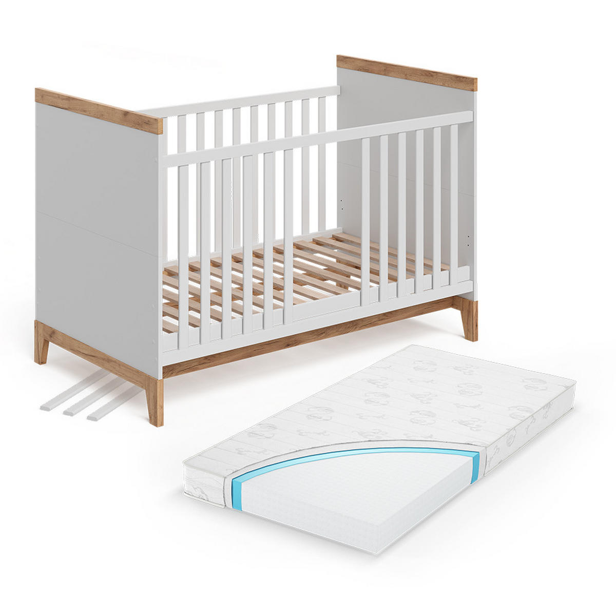 BABYBETT Malia Weiß/Artisan 70x140 cm mit Matratze - Hellgrau/Weiß, Holzwerkstoff - VitaliSpa