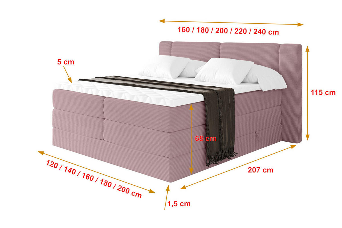 BOXSPRINGBETT mit Matratze H3/H4 - EVON KING - 140x200 cm Rosa - Rosa, Holzwerkstoff (140/200cm) - ALTDECOR
