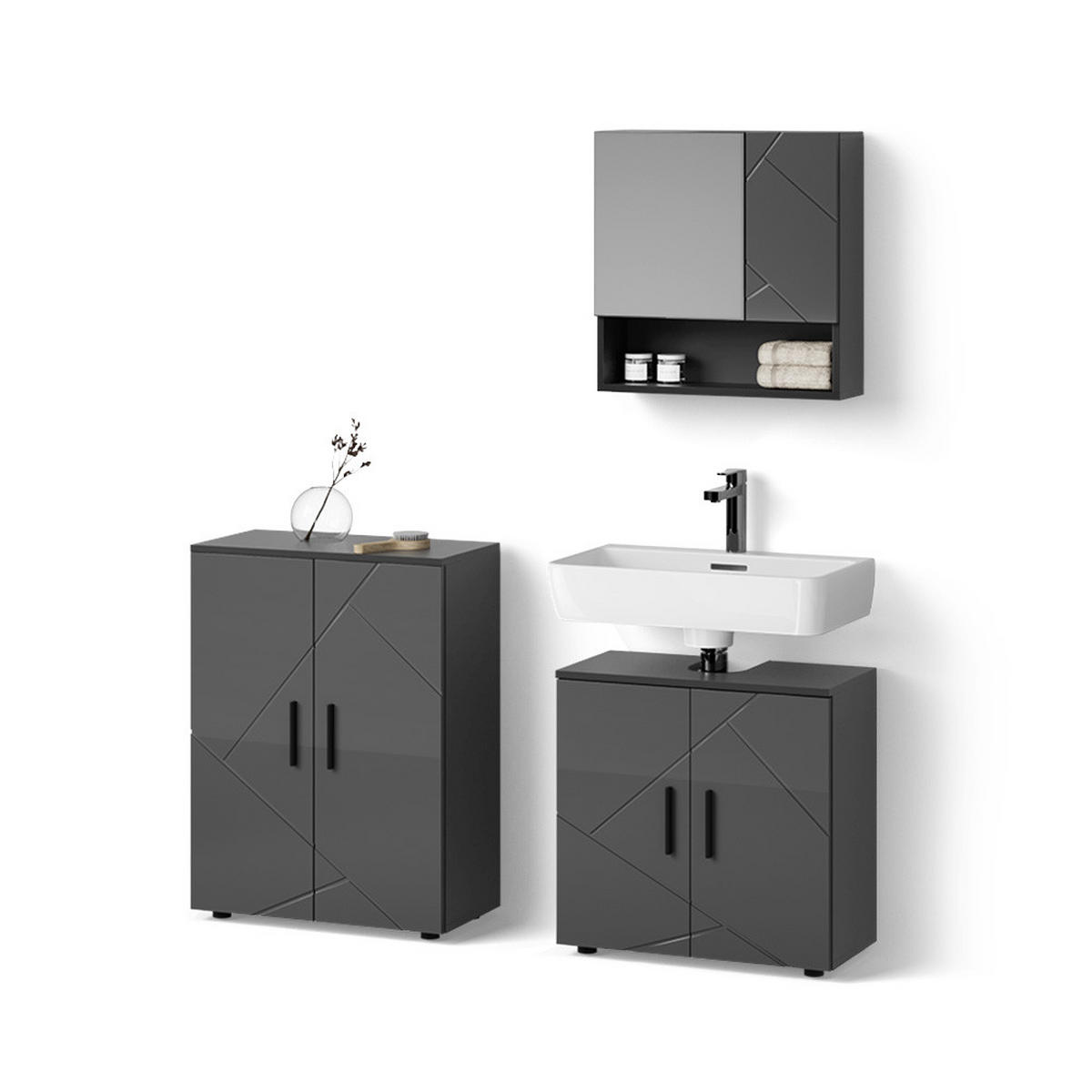 BADMÖBEL-SET Ronco Anthrazit Hochglanz 3 Teile, mit Unterschrank 60 cm - Schwarz Hochglanz/Anthrazit, Holzwerkstoff (60/81/30cm) - Livinity®