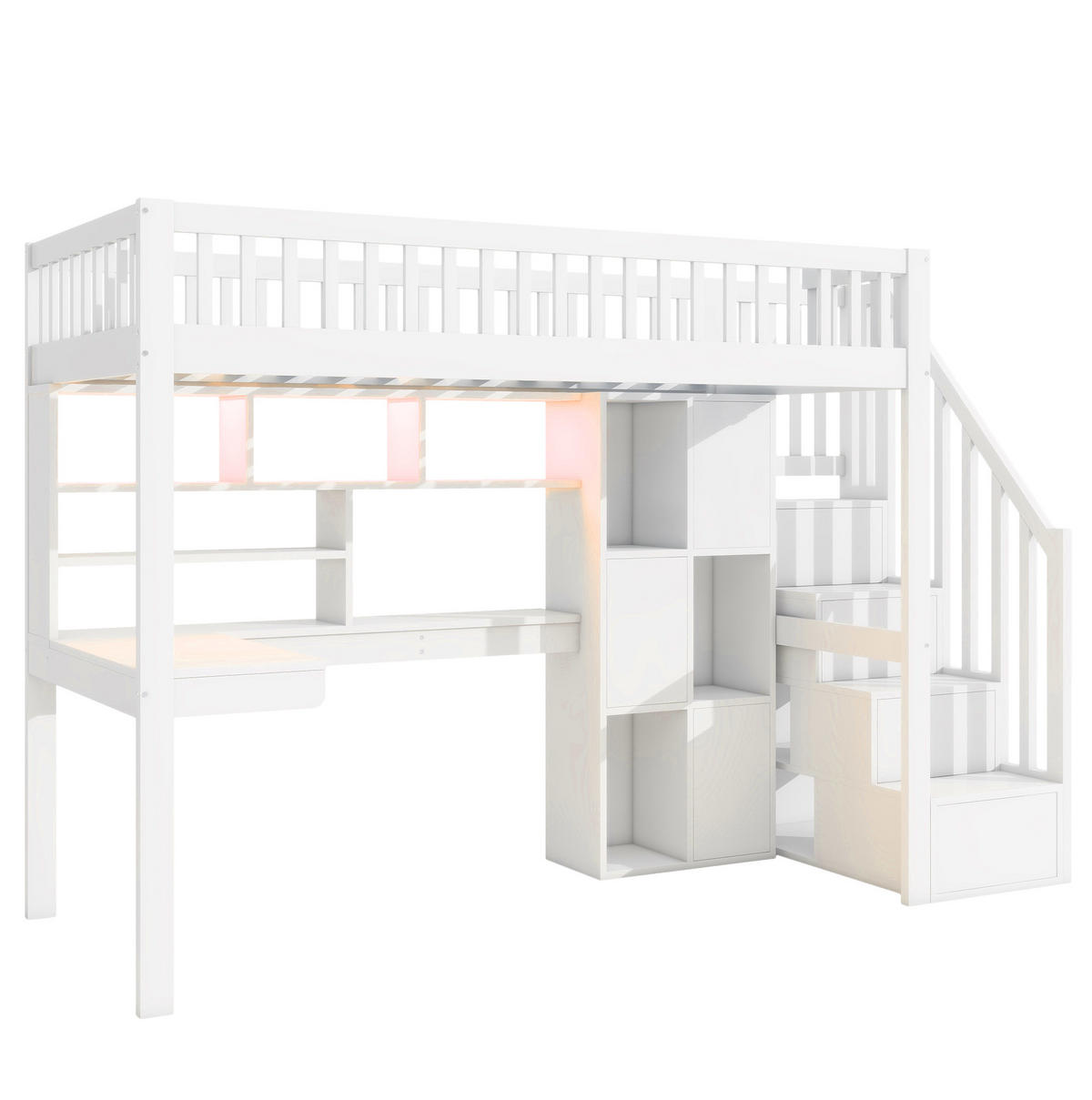 VISOKA postelja 90/200 cm bela z LED-osvetlitvijo, lestvijo za shranjevanje, policami in mizo iz bora in MDF - bela, leseni material (90/200cm) - OKWISH