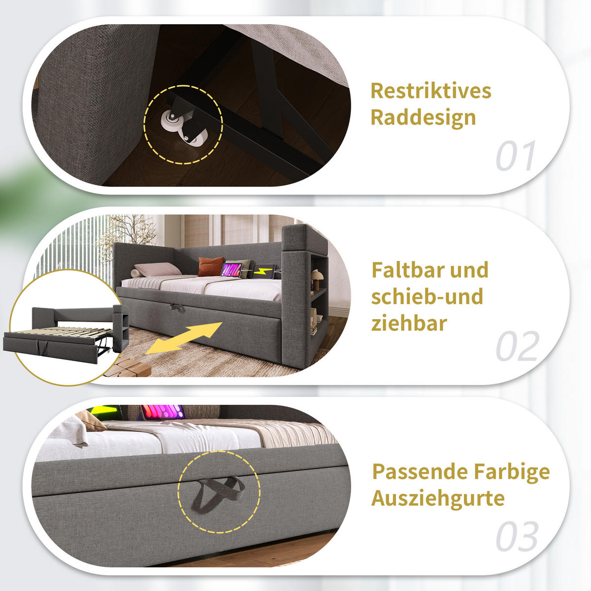 POLSTERBETT 90/190 cm mit Ausziehbett, USB- und Type-C-Ladefunktion, Getränkehaltern und Baumwoll-Leinenbezug, Grau - Grau, Textil (90/190cm) - Redom